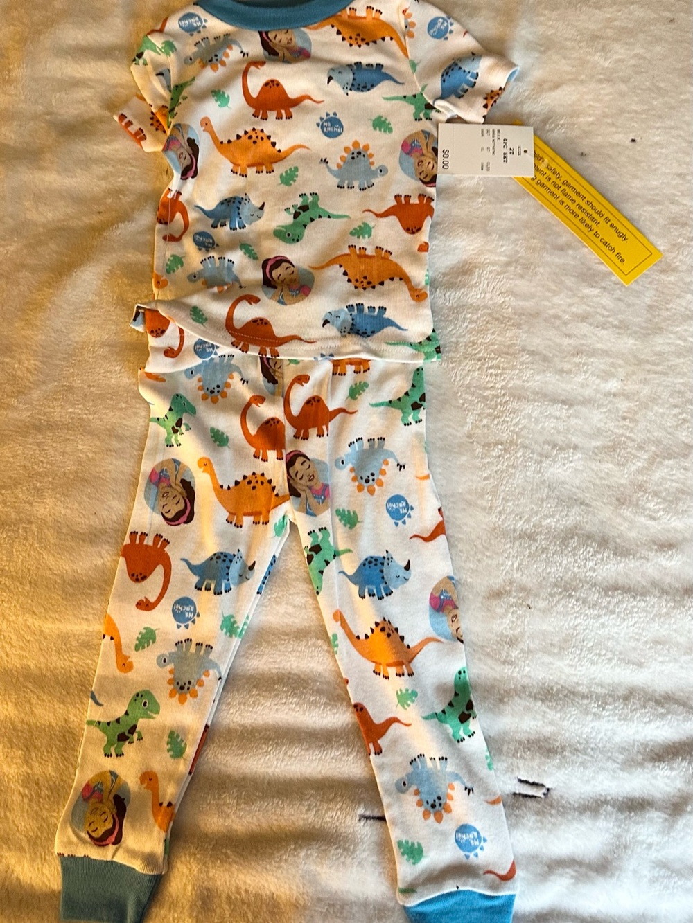 Rachel Kids Two-Piece Pajama Set - White with Orange, Blue, Green Dinosaurs